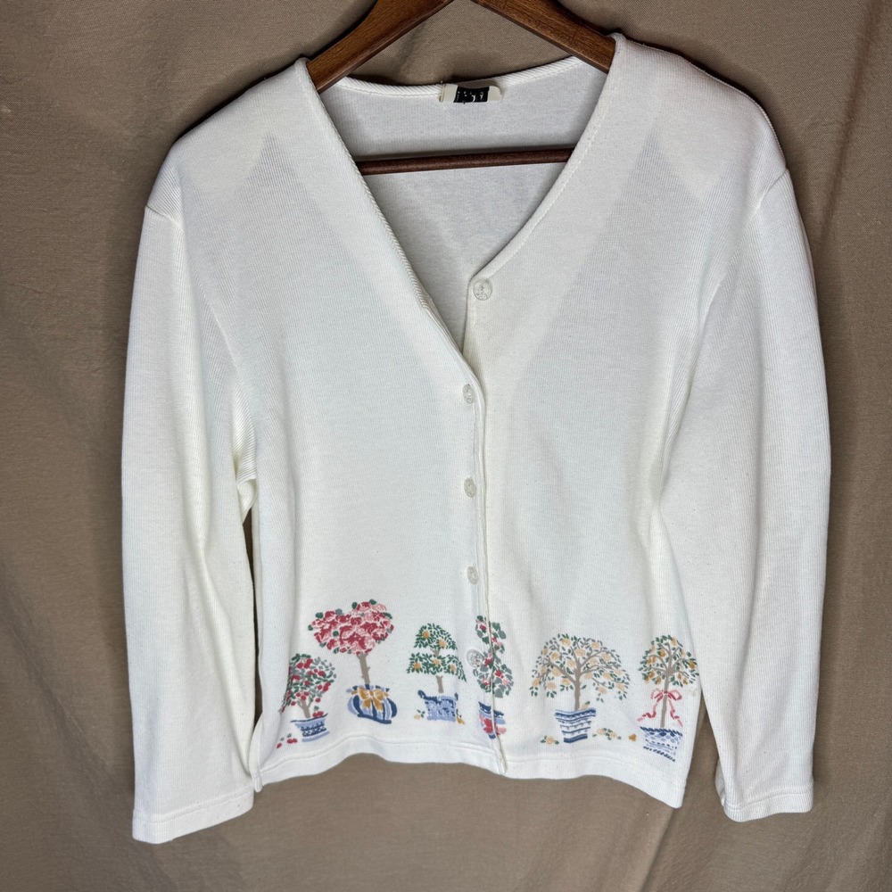 Teddi Petite Cream White V-Neck Cardigan Topiary Floral Tree Knit CottageCore